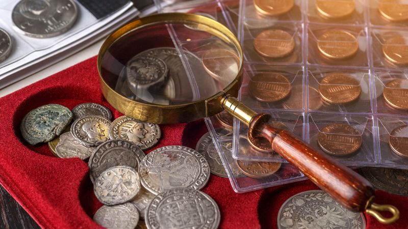 Coin album pages with a magnifier and old coins from an inherited collection in a Denver home