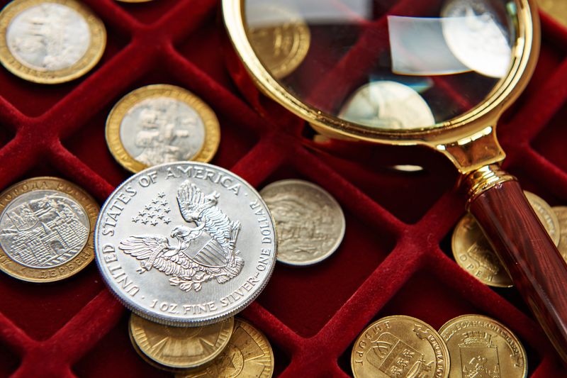 Silver Eagle and gold coins in a red velvet tray with a magnifier, the way a Denver error coin gets checked up close