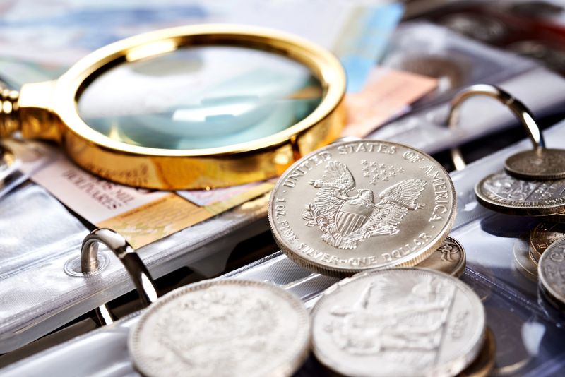 Coins, a Silver Eagle and banknotes in a binder with a magnifier, like the old currency Denver sellers bring in